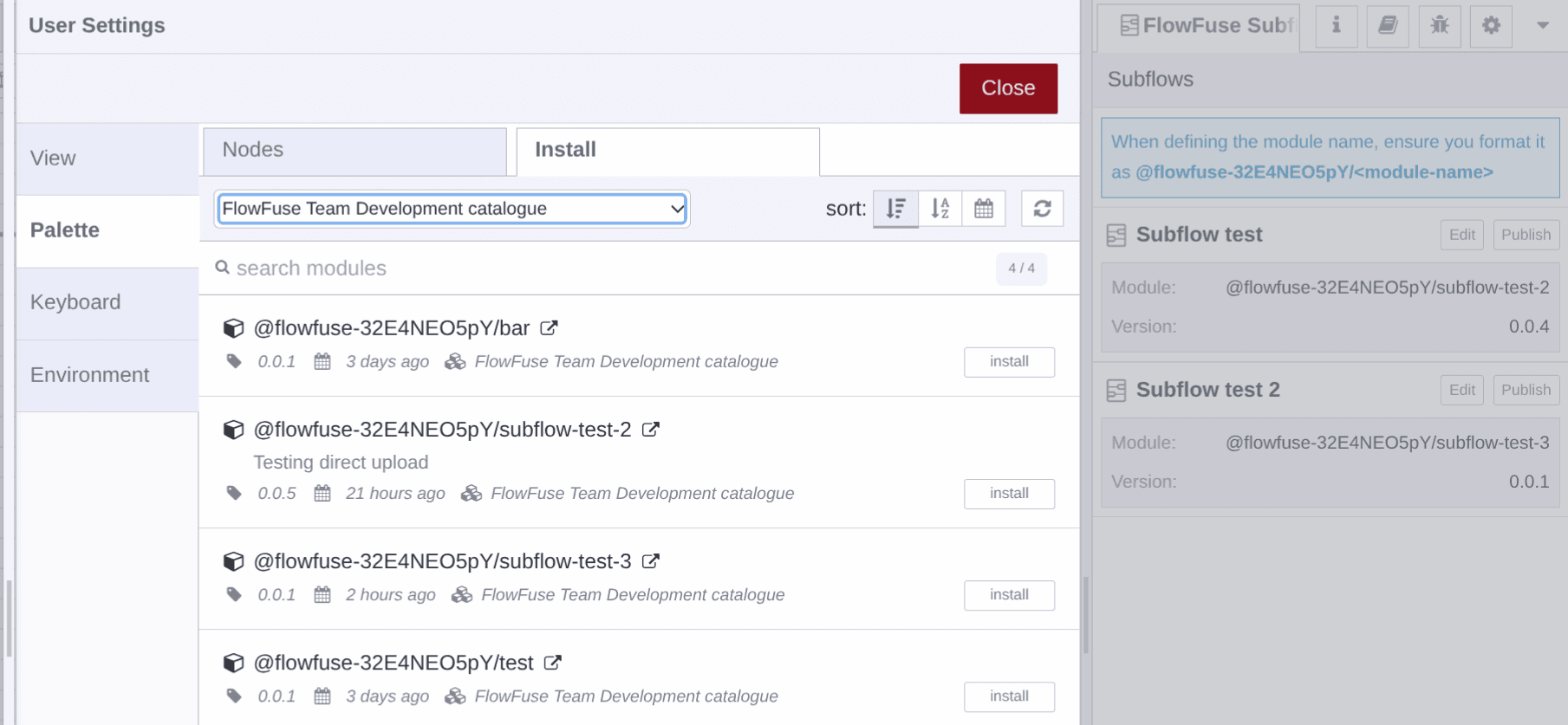 Screenshot of Node-RED Manage Palette showing new SubFlow modules